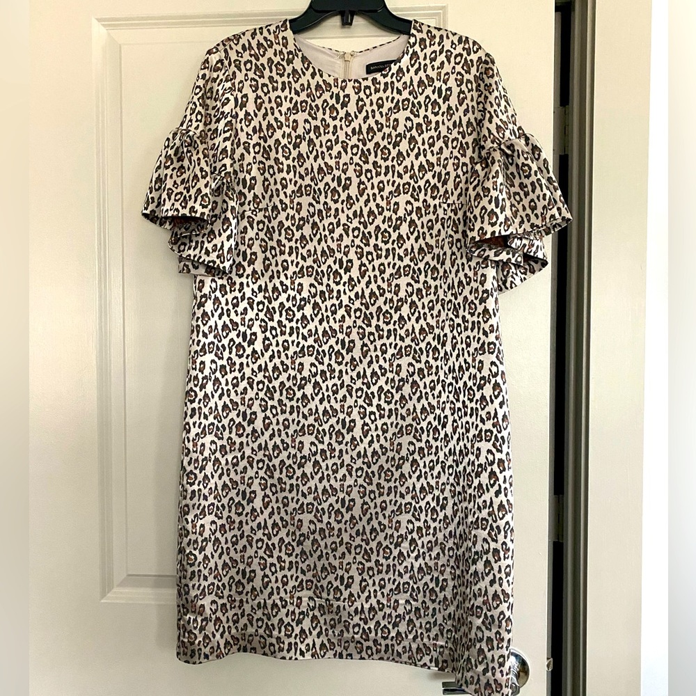 Banana Republic Champagne Leopard Print Dress with Bell Sleeves Sz 14